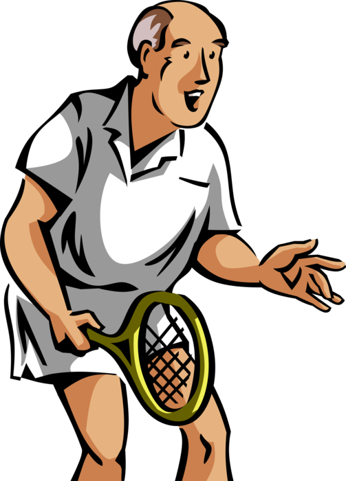Vector Illustration of Retired Elderly Tennis Player Waits for Serve with Racket on Tennis Court