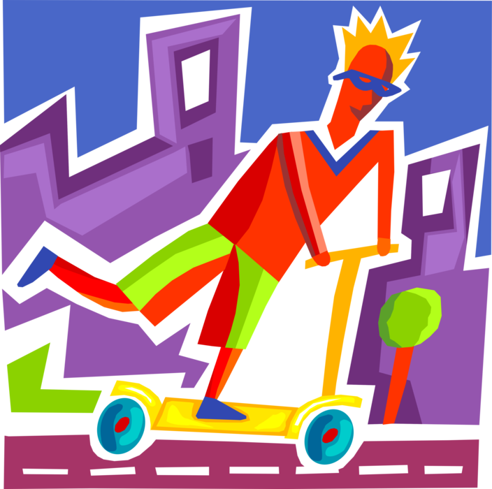 Vector Illustration of Adolescent Youth Rides Foot-Powered Scooter with Step-Through Frame