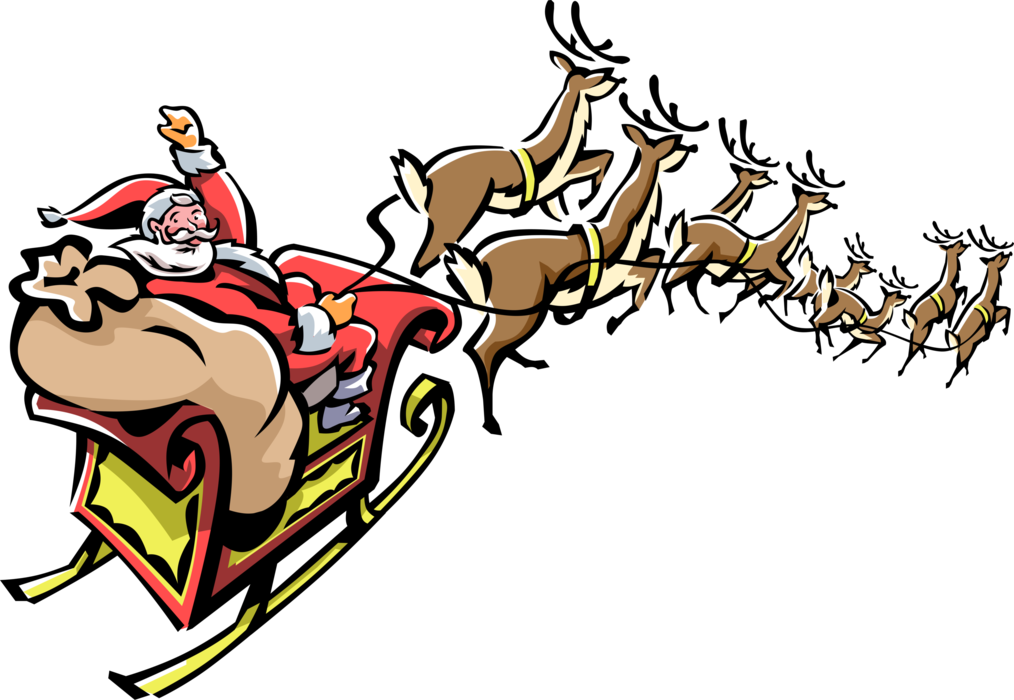 Vector Illustration of Santa Claus in Sleigh Pulled by Reindeer on Christmas