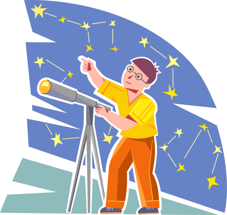 Vector Illustration of Primary or Elementary School Student Young Astronomer Studies Stars, Planets, Constellations with Telescope