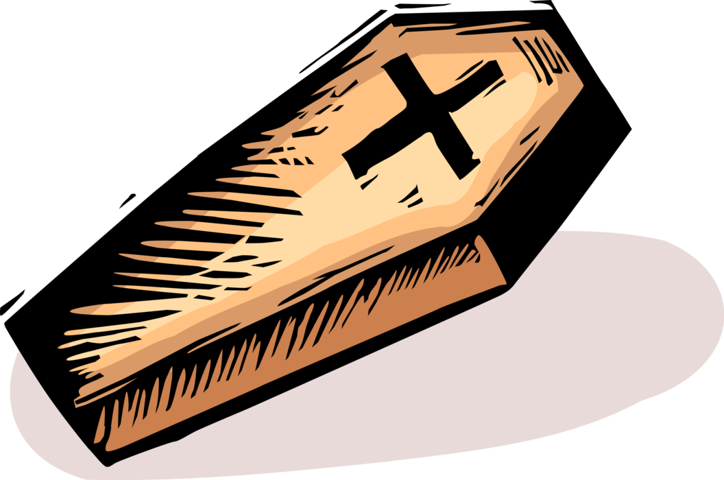 Vector Illustration of Burial Coffin Casket with Christian Crucifix Cross