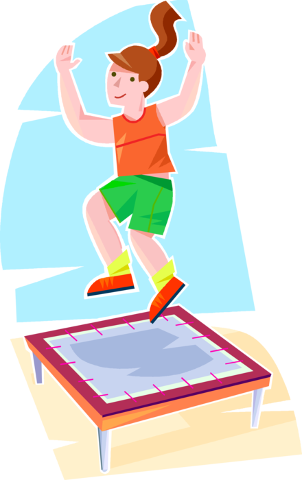 Vector Illustration of Primary or Elementary School Student Girl Playing and Jumping on Trampoline