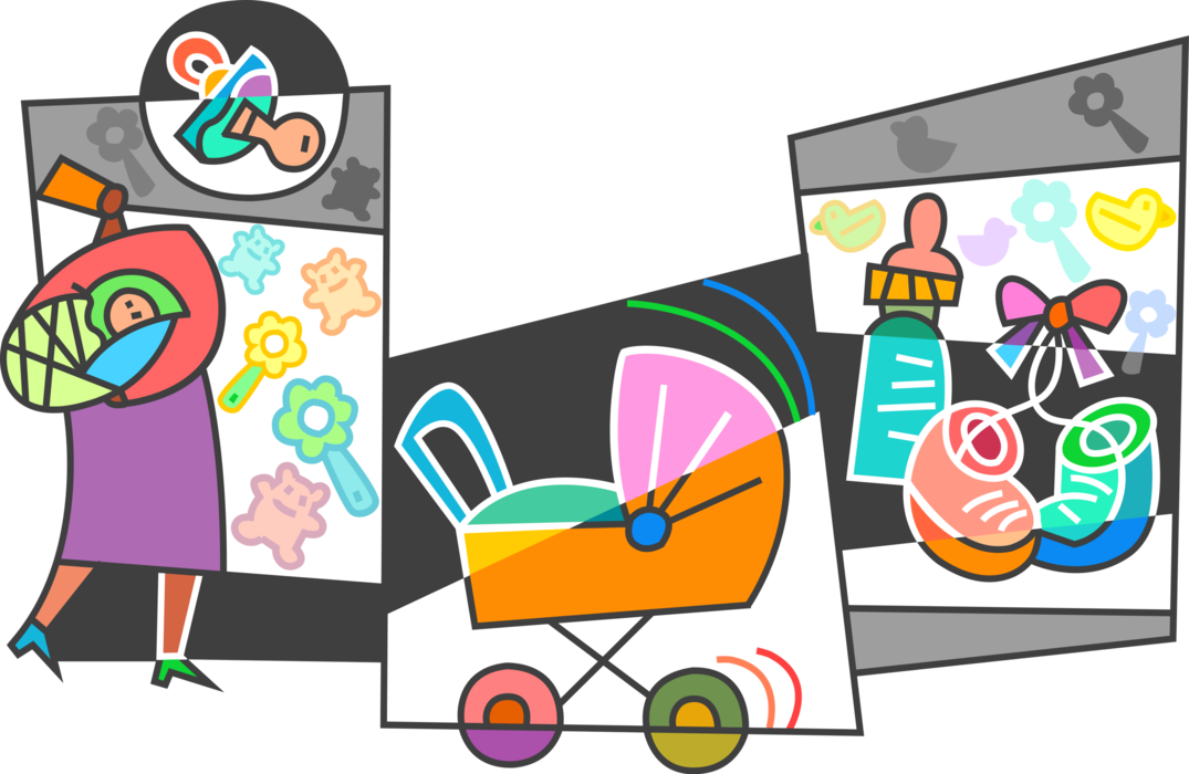 Vector Illustration of New Mother with Newborn Infant Baby, Pram Carriage, Baby Shoe Booties or Bootees, Formula Bottle