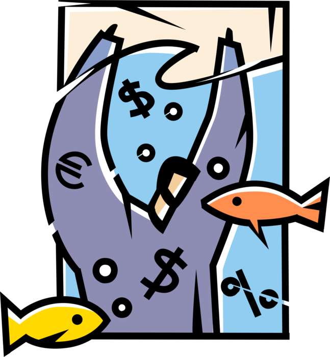 Vector Illustration of Drowning Businessman Drowns in Financial Debt Waters with Fish