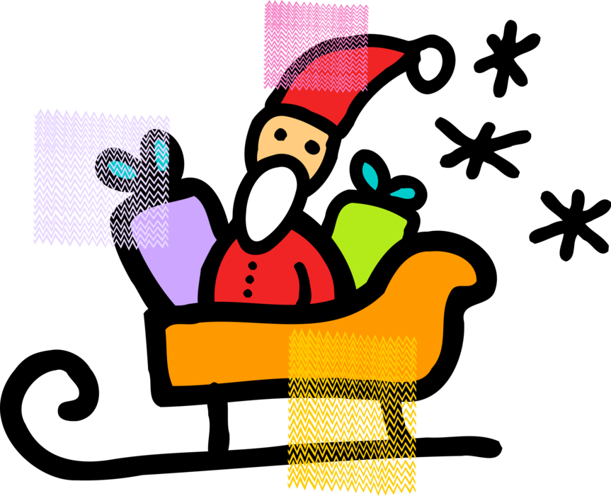 Vector Illustration of Santa Claus Sitting in Sleigh with Christmas Presents and Gifts