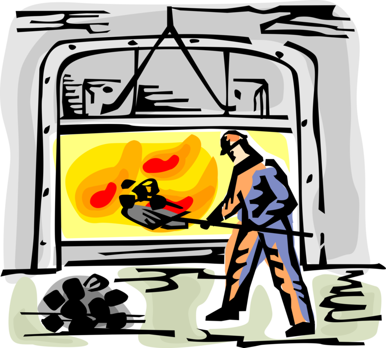 Vector Illustration of Fireman or Stoker Worker Shovels Coal Into Furnace Running Steam Engine