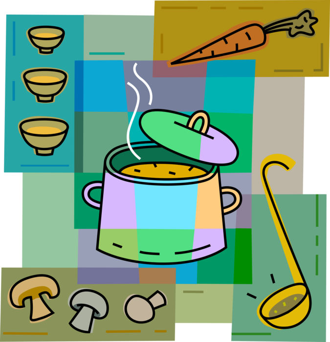 Vector Illustration of Kitchen Kitchenware Cooking Soup Pot with Ladle Spoon, Garden Vegetable Carrot, and Mushrooms
