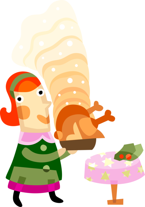 Vector Illustration of Mother Serves Traditional Roast Turkey Christmas Dinner