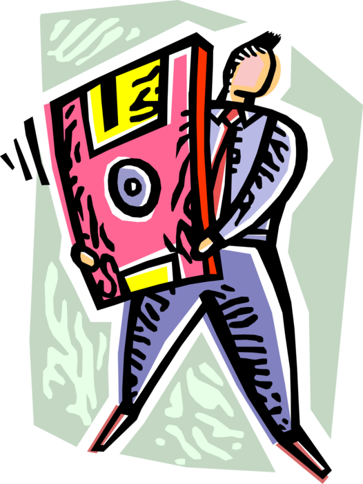 Vector Illustration of Businessman Champions Digital Technology Data Storage Tools with Media Diskette