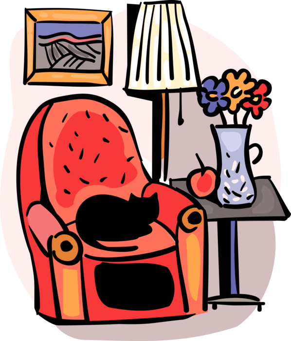 Vector Illustration of Home Furnishings Comfortable Chair Furniture with Reading Lamp, Flower Vase and Black Cat Family Pet