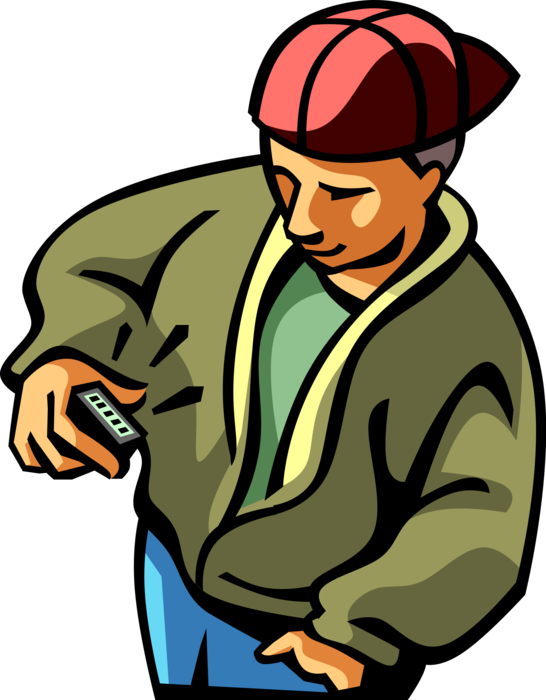 Vector Illustration of Adolescent Drug Dealer in Hood Checks Beeper or Pager Wireless Telecommunications Device