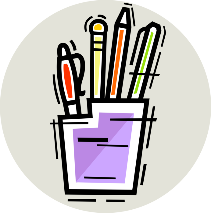 Vector Illustration of Assorted Pen and Pencil Writing Instruments in Cup Holder