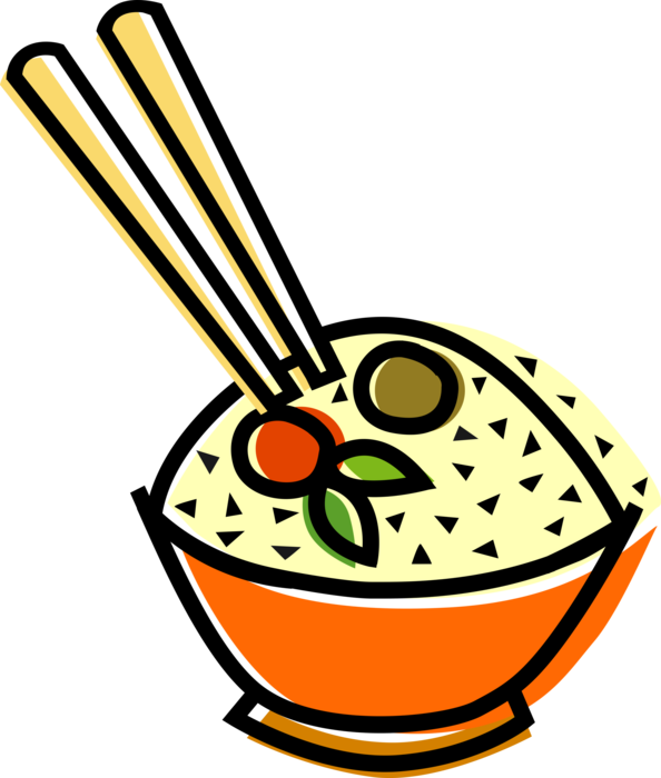 Vector Illustration of Chinese or Japanese Asian Cuisine Steamed Rice in Bowl with Chopsticks