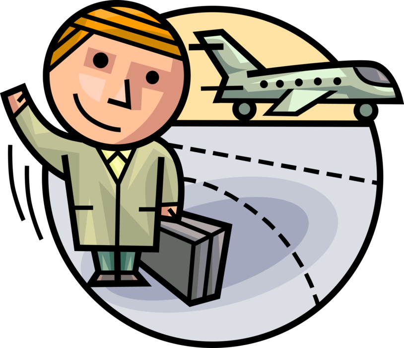Vector Illustration of Businessman Business Traveler Waves Goodbye at Airport Before Boarding Commercial Jet Airplane