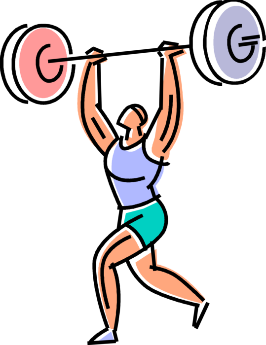 Vector Illustration of Physical Fitness and Exercise Weightlifter Lifts Barbell Loaded with Weight Plates