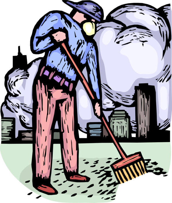 Vector Illustration of Emergency Rescue and Relief Service Worker Sweeps Dirt and Debris with Broom after Disaster