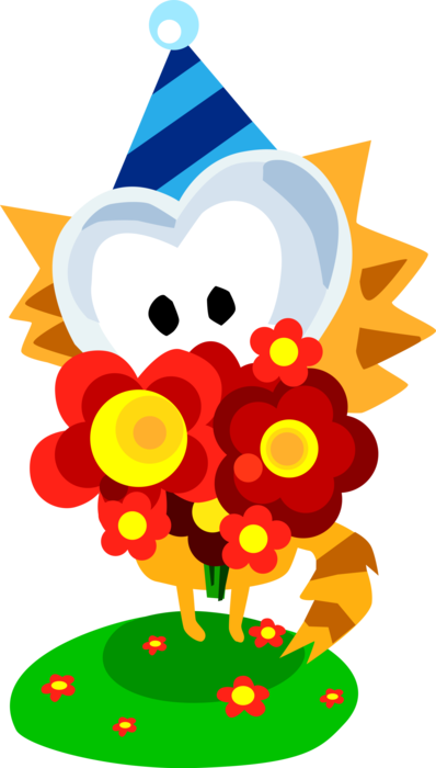 Vector Illustration of Birthday Cat Celebrates with Flowers