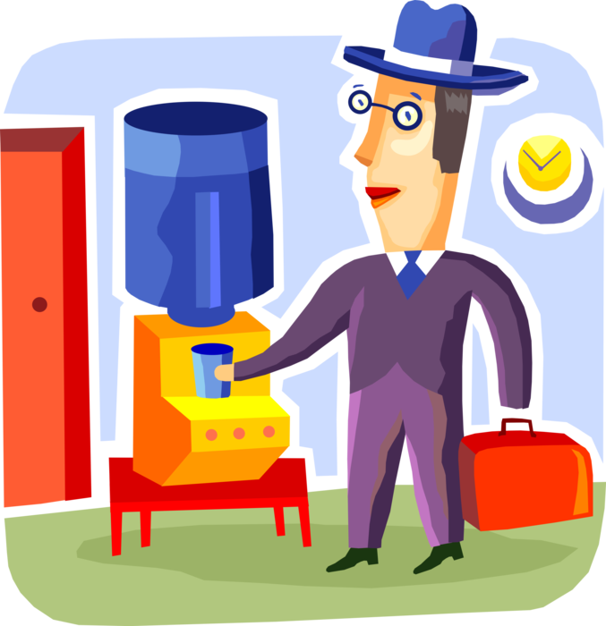 Vector Illustration of Businessman at Office Water Cooler Exchanges Inflammatory Gossip About Colleagues