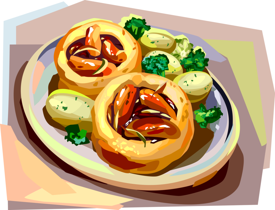 Vector Illustration of Traditional British Cuisine Dish, Toad in the Hole or Sausage Toad