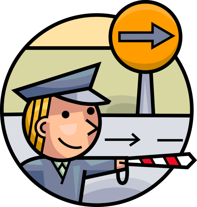 Vector Illustration of Law Enforcement Police Officer Traffic Cop Directs Flow of Motor Vehicle Automobiles in Street