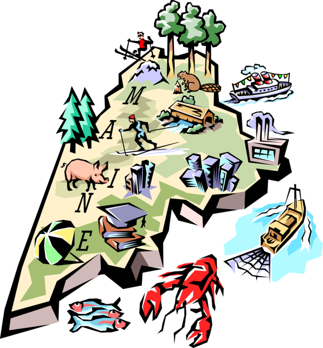 Vector Illustration of State of Maine Vignette Map with Tourism Infographic Icons, United States of America