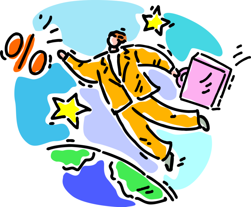 Vector Illustration of Businessman Pursues Corporate Financial Gain with Percentage Sign and Planet Earth