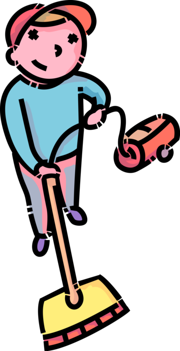 Vector Illustration of Primary or Elementary School Student Boy Does Chores at Home with Vacuum Vacuuming Floor