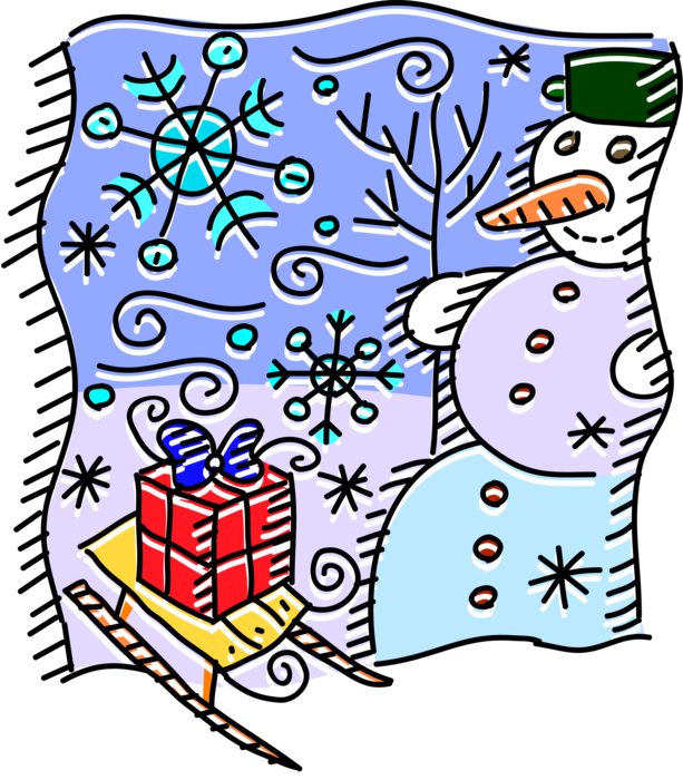 Vector Illustration of Sleigh with Christmas Gift and Snowman Anthropomorphic Snow Sculpture with Carrot Nose