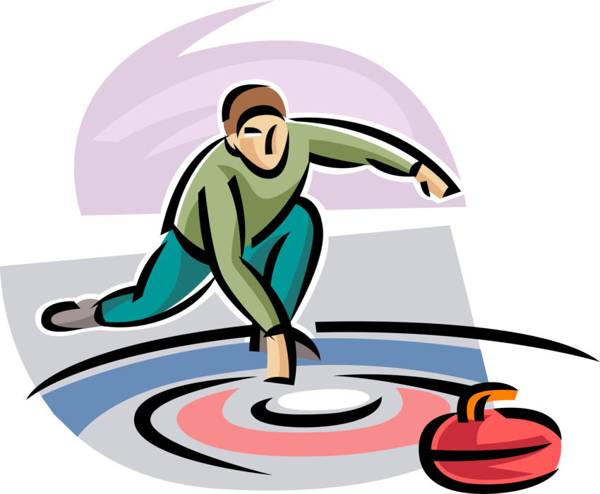 Vector Illustration of Curler Throws Curling Granite Stone Rock in Curling Rink During Game