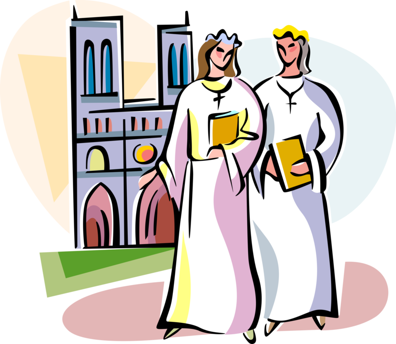 Vector Illustration of Roman Catholic Girls in France Wears Long White Communion Dresses