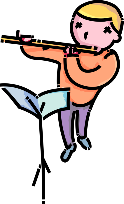 Vector Illustration of Primary or Elementary School Student Boy Musician Plays Flute Musical Instrument in Music Class