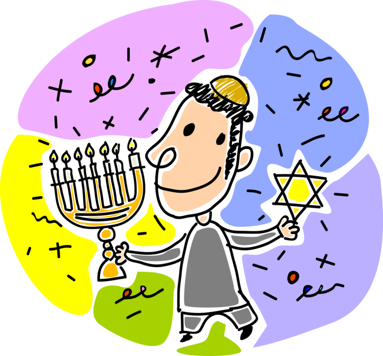 Vector Illustration of Jewish Boy in Synagogue with Menorah Lampstand and Star of David Shield of Jewish Identity and Judaism