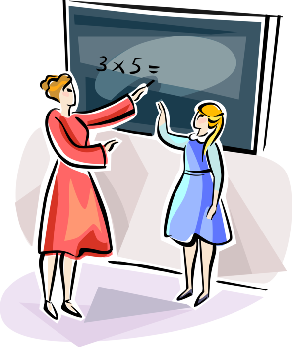 Vector Illustration of Teacher Teaches Math to Student at Blackboard in School Classroom