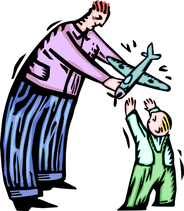 Vector Illustration of Father Hands Toy Plane Airplane to Child Son