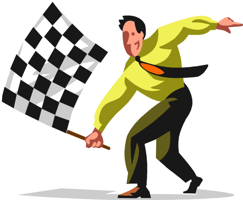 Vector Illustration of Businessman Waves Winner's Checkered or Chequered Flag at Finish Line of Race