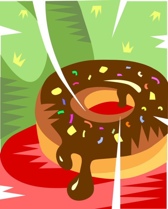 Vector Illustration of Chocolate Donut Sweetened Fried Dough Doughnut Snack with Candy Sprinkles