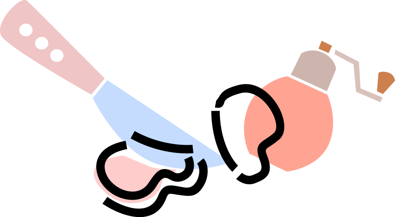 Vector Illustration of Kitchen Kitchenware Knife, Pork Chop Meat, Peppermill Grinder