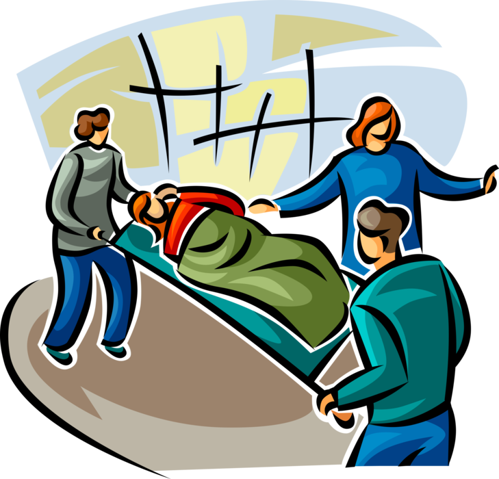Vector Illustration of Emergency Rescue and Relief Services Workers with Accident Victim on Hospital Stretcher
