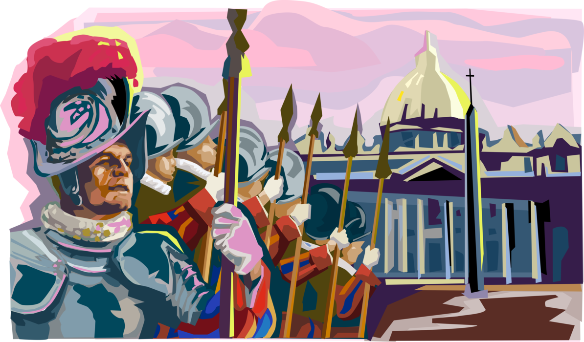 Vector Illustration of Pontifical Swiss Guards at St. Peter's Basilica, Vatican City, Rome , Italy