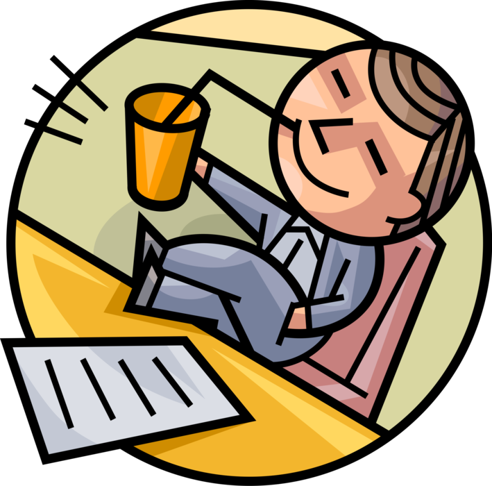 Vector Illustration of Businessman Relaxes at Office Desk Enjoys Drink at End of the Day