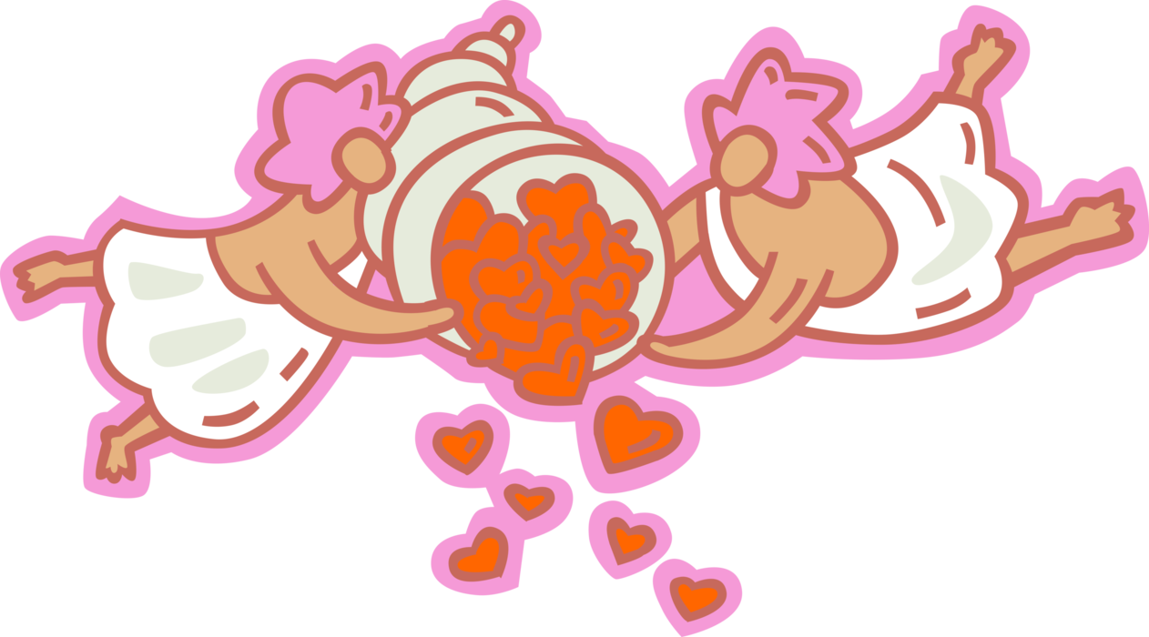 Vector Illustration of Cupid God of Desire and Erotic Love with Cornucopia Horn of Plenty Overflowing with Love Hearts
