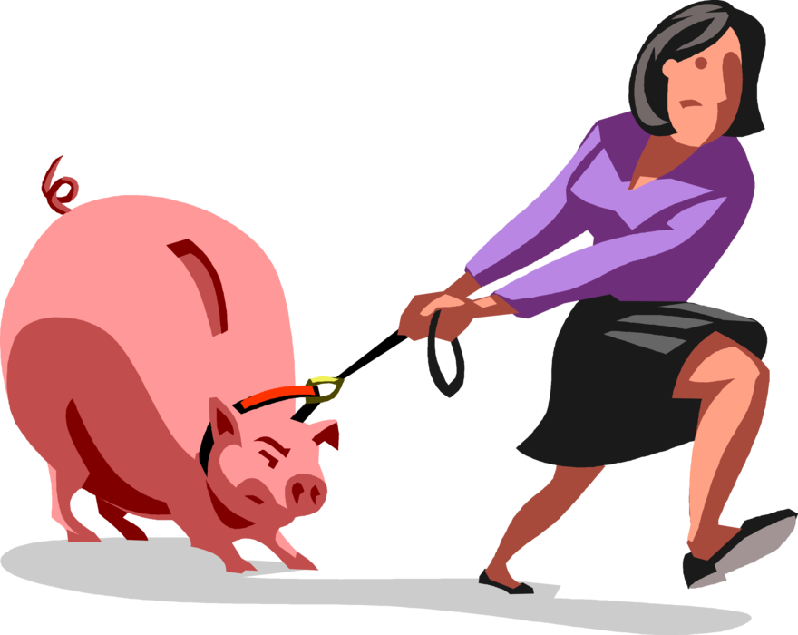 Vector Illustration of Businesswoman Drags Uncooperative Disagreeable Piggy Bank on Leash