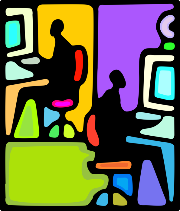 Vector Illustration of Office Workforce Staff Work at Workstation Computer Systems