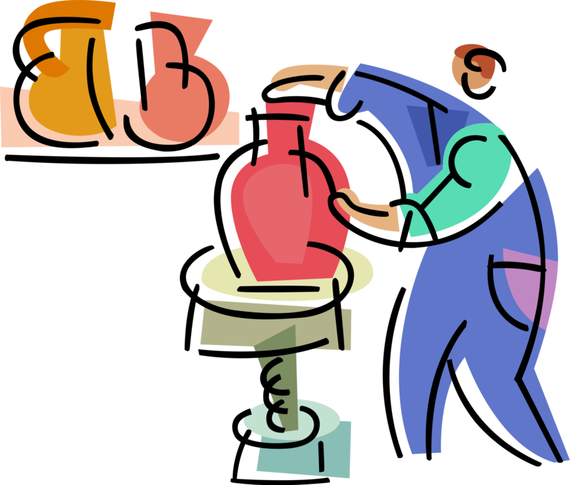Vector Illustration of Potter Makes Earthenware Clay Pottery on Wheel for Shaping of Round Ceramic Ware