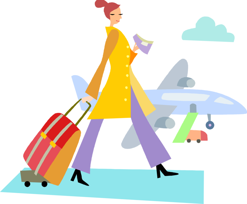 Vector Illustration of Airline Travel Passenger Boards Jet Aircraft Airplane with Luggage Suitcase on Airport Runway