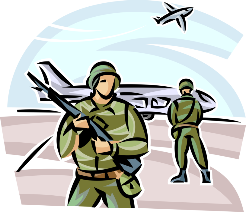 Vector Illustration of Heavily Armed United States Military Soldiers Guard Aircraft Airplanes at War Zone Airbase