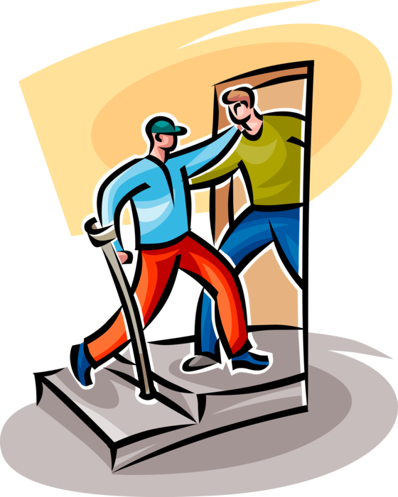 Vector Illustration of Friend Helps Disabled Person Climb Stairs and Walk Through Doorway Entrance