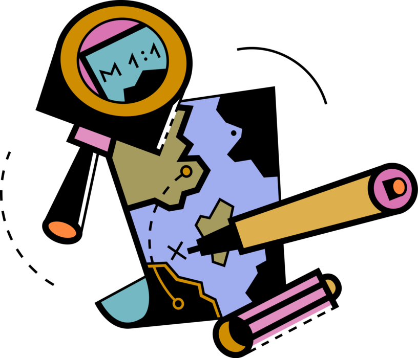 Vector Illustration of Geography Cartography Map with Magnifying Glass and Pencil Charting Course