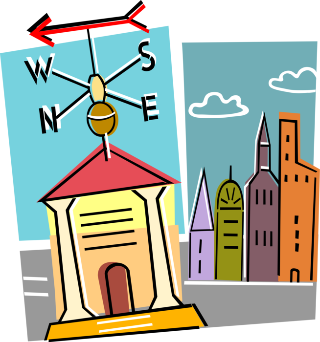 Vector Illustration of Financial Banking Institution Bank with Classical Greek Temple Columns and Weather Vane or Weathercock Wind Director