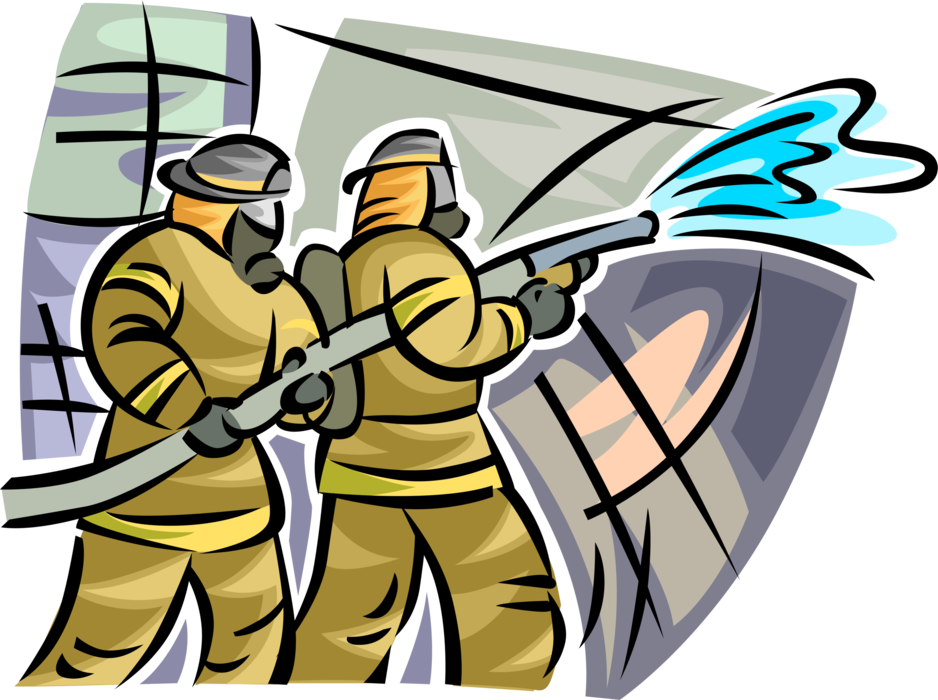 Vector Illustration of Firefighter Firemen Fight Raging Fire with Fire Hose and Water